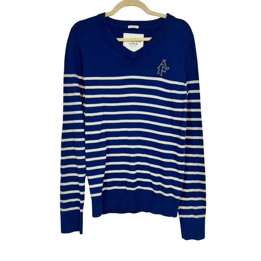 Abercrombie & Fitch Blue Grey Striped V Neck Sweater Mens M Preppy Pullover